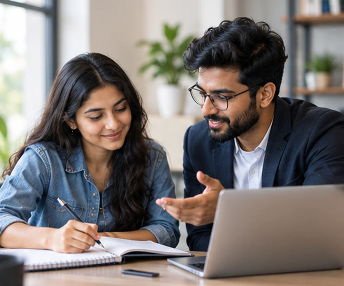 Student reviewing a structured learning plan with a mentor